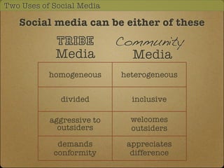 Two Uses of Social Media

   Social media can be either of these
            Tribe          Community
            Media   ...