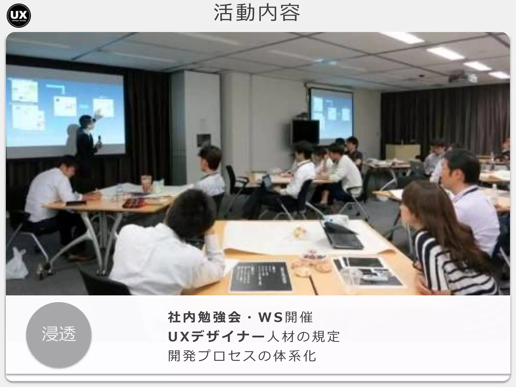 活動内容
浸透
社 内 勉 強 会 ・ W S 開 催
U X デ ザ イ ナ ー 人 材 の 規 定
開 発 プ ロ セ ス の 体 系 化
 