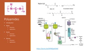 Polyamides
 Introduction
 Nylon
 Chemistry
 Applications
 Kevlar
 Chemistry
 Applications
 Nomex
 Chemistry
 Applications
https://youtu.be/XIP8QwkCtX0
Nylon 6,6
 