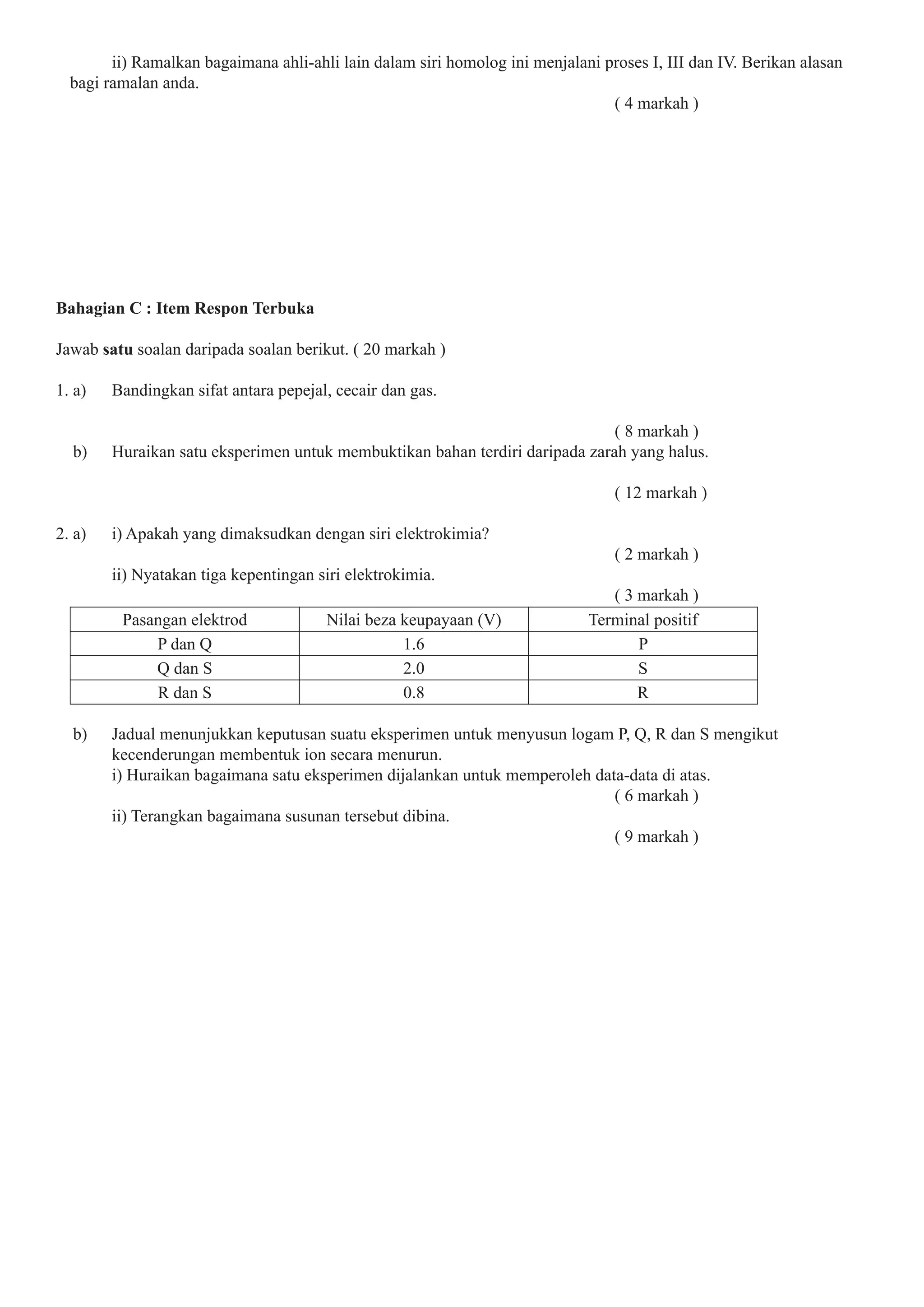 ii) Ramalkan bagaimana ahli-ahli lain dalam siri homolog ini menjalani proses I, III dan IV. Berikan alasan
bagi ramalan anda.
( 4 markah )
Bahagian C : Item Respon Terbuka
Jawab satu soalan daripada soalan berikut. ( 20 markah )
1. a) Bandingkan sifat antara pepejal, cecair dan gas.
( 8 markah )
b) Huraikan satu eksperimen untuk membuktikan bahan terdiri daripada zarah yang halus.
( 12 markah )
2. a) i) Apakah yang dimaksudkan dengan siri elektrokimia?
( 2 markah )
ii) Nyatakan tiga kepentingan siri elektrokimia.
( 3 markah )
Pasangan elektrod Nilai beza keupayaan (V) Terminal positif
P dan Q 1.6 P
Q dan S 2.0 S
R dan S 0.8 R
b) Jadual menunjukkan keputusan suatu eksperimen untuk menyusun logam P, Q, R dan S mengikut
kecenderungan membentuk ion secara menurun.
i) Huraikan bagaimana satu eksperimen dijalankan untuk memperoleh data-data di atas.
( 6 markah )
ii) Terangkan bagaimana susunan tersebut dibina.
( 9 markah )
 