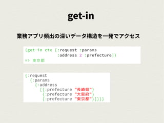 get-in
業務アプリ頻出の深いデータ構造を一発でアクセス
(get-in ctx [:request :params
:address 2 :prefecture])
=> 東京都
{:request
{:params
{:address
[{:prefecture "長崎県"}
{:prefecture "大阪府"}
{:prefecture "東京都"}]}}}
 