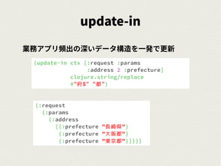 (update-in ctx [:request :params
:address 2 :prefecture]
clojure.string/replace
#"府$" "都")
{:request
{:params
{:address
[{:prefecture "長崎県"}
{:prefecture "大阪都"}
{:prefecture "東京都"}]}}}
update-in
業務アプリ頻出の深いデータ構造を一発で更新
 