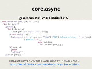 core.async
goのchannlと同じものを簡単に使える
http://www.slideshare.net/kawasima/shibuya-jvm-1clojure
core.asyncのデザインの素晴らしさは拙作スライドをご覧ください
 