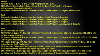 March
15 Test & Tune (1 p.m. – 6 p.m.), Swap Meet (starts at 7 a.m)
22 First Summit Series Points Race - Super Pro, No Box, Street/Trophy, Jr Dragster
NHRA Remote Chassis Certification
29 Summit Series Points Race - Super Pro, No Box, Street/Trophy, Jr Dragster, Motorcycles
April
5 Summit Series Points Race - Super Pro, No Box, Street/ Trophy, Jr Dragster
12 Summit Series Points Race - Super Pro, No Box, Street/Trophy, Jr Dragster
19 Summit Series Points Race - Super Pro, No Box, Street/Trophy, Jr Dragster
26 Summit Series Points Race - Super Pro, No Box, Street/Trophy, Motorcycles, Jr Dragster
May
3 Closed due to PIR Event
4 $5000 to win Super Pro Special - minimum 75 entries, Double entries allowed. Guaranteed $2,500 to win.
No Box regular program
10 Summit Series Points Race - Super Pro, No Box, Street/Trophy, Jr Dragster, Motorcycles, 6.00 & 7.00 Index
Classes (80% Payback)
17 Beacon Dragway Birthday Bash - Nitro Funny Cars, Dixie Doorslammers, Super Pro, No Box, 6.00 & 7.00
Index Classes (80% Payback)
18 Street Cars Only – Must be street legal, driven to the track, with current registration and insurance
200 treadwear tires. Bracket and Heads-up Class. Car Show
24 $5000 True Footbrake Special – $100 Entry Fee (Double Entry Allowed), Buybacks 1st or 2nd round
No delay box, No trans brake, Electric or air shifters allowed. Super Pro, No Box regular program
 