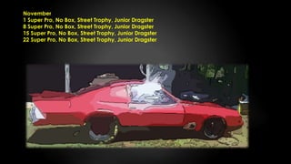 November
1 Super Pro, No Box, Street Trophy, Junior Dragster
8 Super Pro, No Box, Street Trophy, Junior Dragster
15 Super Pro, No Box, Street Trophy, Junior Dragster
22 Super Pro, No Box, Street Trophy, Junior Dragster
 