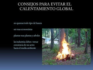 CONSEJOS PARA EVITAR EL CALENTAMIENTO GLOBALno quemar todo tipo de basuraser mas economistasplantar mas plantas y arboleslas industrias deben  tomar conciencia de sus actos  hacia el media ambiente