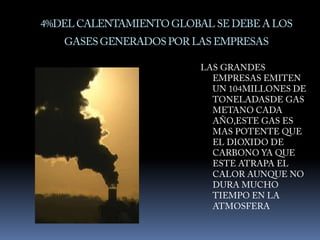4%DEL CALENTAMIENTO GLOBAL SE DEBE A LOS GASES GENERADOS POR LAS EMPRESASLAS GRANDES EMPRESAS EMITEN UN 104MILLONES DE TONELADASDE GAS METANO CADA AÑO,ESTE GAS ES MAS POTENTE QUE EL DIOXIDO DE CARBONO YA QUE ESTE ATRAPA EL CALOR AUNQUE NO DURA MUCHO TIEMPO EN LA ATMOSFERA