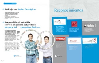 posición del producto 
ocupa consumidor final G4-en27 en el r 
en Go 
Respo la 
sext 
volucra reputa 
abilidad 
dena, 
clclame, 
a 
os 
de los 
-C 
uestros 
ados en 
mo el 
ción del 
mos 
ables 
n de 
PERSONAS PLANETA PRODUCTOS 
Reciclaje con Socios Estratégicos 
nuestros colaboradores de las áreas de 
supply chain y operaciones también 
vienen incentivando la práctica del 
reciclaje. 
En instituciones, proveedores y 
empresas transportistas que trabajan con 
K-C Peru. 
Reconocimientos 
Responsabilidad 
sobre la dis 
por parte del 
K-C ComParte el concepto de la 
responsabilidad extendida, que in 
que las empresas tengan respons 
sobre sus productos en toda la ca 
esto es hasta el post-consumo. 
A través de las campañas de Re 
cumple con TU Planeta ponemos 
disposición de los consumidores 
puntos de acopio accesibles y l 
informamos y educamos acerca 
beneficios del reciclaje. 
extendida 
Asimismo, a través de la llnea K 
Professional, aseguramos que n 
clientes utilicen productos bas 
materias primas alternativas co 
bambu, insumo para la elabora 
papel toalla. Además, les ofrece 
nuestros paños Wypall, degrad 
al 80% gracias a su composició 
celulosa. 
juan barrios 
GBA Centro Oriente 
e Frias 
Sales Leader- KCP 
86 87 
 