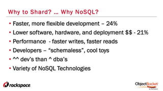 Why to Shard? … Why NoSQL?
• Faster, more flexible development – 24%
• Lower software, hardware, and deployment $$ - 21%
• Performance - faster writes, faster reads
• Developers – “schemaless”, cool toys
• ^^ dev’s than ^ dba’s
• Variety of NoSQL Technologies
 