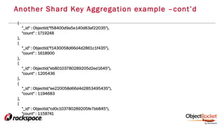 Another Shard Key Aggregation example –cont’d
{
"_id" : ObjectId("f58400d9a5e140d83af22035"),
"count" : 1719248
},
{
"_id" : ObjectId("f1430058d66d4d2861c1f435"),
"count" : 1618900
},
{
"_id" : ObjectId("eb80103780289205d2ed1645"),
"count" : 1205436
},
{
"_id" : ObjectId("ee220058d66d4d2853495435"),
"count" : 1194683
},
{
"_id" : ObjectId("cd0c103780289205fe7bb845"),
"count" : 1158741
 