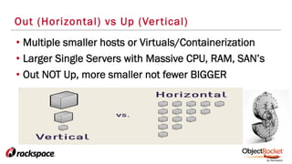 Out (Horizontal) vs Up (Vertical)
• Multiple smaller hosts or Virtuals/Containerization
• Larger Single Servers with Massive CPU, RAM, SAN’s
• Out NOT Up, more smaller not fewer BIGGER
 