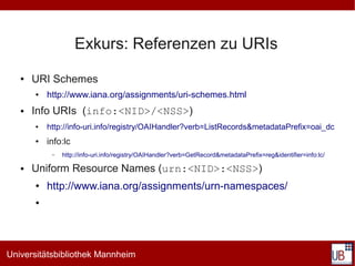 Exkurs: Referenzen zu URIs
   ●   URI Schemes
       ●   http://www.iana.org/assignments/uri-schemes.html
   ●   Info URIs (info:<NID>/<NSS>)
       ●   http://info-uri.info/registry/OAIHandler?verb=ListRecords&metadataPrefix=oai_dc
       ●   info:lc
            –   http://info-uri.info/registry/OAIHandler?verb=GetRecord&metadataPrefix=reg&identifier=info:lc/

   ●   Uniform Resource Names (urn:<NID>:<NSS>)
       ●   http://www.iana.org/assignments/urn-namespaces/
       ●




Universitätsbibliothek Mannheim
 