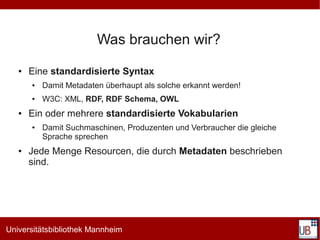 Was brauchen wir?
   ●   Eine standardisierte Syntax
       ●   Damit Metadaten überhaupt als solche erkannt werden!
       ●   W3C: XML, RDF, RDF Schema, OWL
   ●   Ein oder mehrere standardisierte Vokabularien
       ●   Damit Suchmaschinen, Produzenten und Verbraucher die gleiche
           Sprache sprechen
   ●   Jede Menge Resourcen, die durch Metadaten beschrieben
       sind.




Universitätsbibliothek Mannheim
 