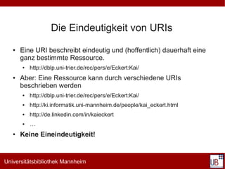 Die Eindeutigkeit von URIs
   ●   Eine URI beschreibt eindeutig und (hoffentlich) dauerhaft eine
       ganz bestimmte Ressource.
       ●   http://dblp.uni-trier.de/rec/pers/e/Eckert:Kai/
   ●   Aber: Eine Ressource kann durch verschiedene URIs
       beschrieben werden
       ●   http://dblp.uni-trier.de/rec/pers/e/Eckert:Kai/
       ●   http://ki.informatik.uni-mannheim.de/people/kai_eckert.html
       ●   http://de.linkedin.com/in/kaieckert
       ●   …
   ●   Keine Eineindeutigkeit!


Universitätsbibliothek Mannheim
 