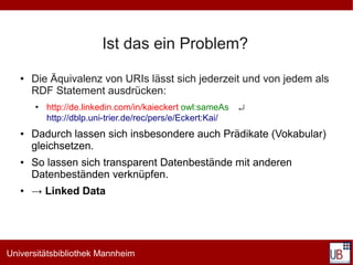 Ist das ein Problem?
   ●   Die Äquivalenz von URIs lässt sich jederzeit und von jedem als
       RDF Statement ausdrücken:
       ●
           http://de.linkedin.com/in/kaieckert owl:sameAs    ↵
           http://dblp.uni-trier.de/rec/pers/e/Eckert:Kai/
   ●   Dadurch lassen sich insbesondere auch Prädikate (Vokabular)
       gleichsetzen.
   ●   So lassen sich transparent Datenbestände mit anderen
       Datenbeständen verknüpfen.
   ●   → Linked Data




Universitätsbibliothek Mannheim
 