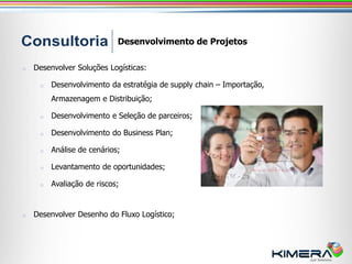 Desenvolvimento de Projetos

o   Desenvolver Soluções Logísticas:

     o   Desenvolvimento da estratégia de supply chain – Importação,
         Armazenagem e Distribuição;

     o   Desenvolvimento e Seleção de parceiros;

     o   Desenvolvimento do Business Plan;

     o   Análise de cenários;

     o   Levantamento de oportunidades;

     o   Avaliação de riscos;


o   Desenvolver Desenho do Fluxo Logístico;
 