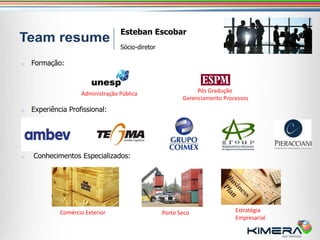 Esteban Escobar
                                  Sócio-diretor

o   Formação:



                    Administração Pública                     Pós Gradução
                                                         Gerenciamento Processos
o   Experiência Profissional:




o   Conhecimentos Especializados:




             Comércio Exterior                    Porto Seco               Estratégia
                                                                           Empresarial
 