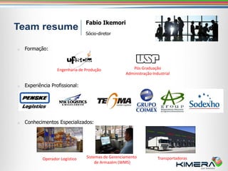 Fabio Ikemori
                                 Sócio-diretor


o   Formação:



                   Engenharia de Produção              Pós Graduação
                                                    Administração Industrial

o   Experiência Profissional:




o   Conhecimentos Especializados:




            Operador Logístico   Sistemas de Gerenciamento           Transportadoras
                                      de Armazém (WMS)
 