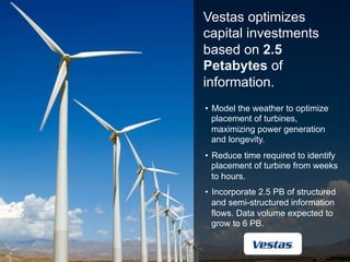 IBM Mobile Solutions
                            Vestas optimizes
                            capital investments
                            based on 2.5
                            Petabytes of
                            information.
                            •  Model the weather to optimize
                               placement of turbines,
                               maximizing power generation
                               and longevity.
                            •  Reduce time required to identify
                               placement of turbine from weeks
                               to hours.
                            •  Incorporate 2.5 PB of structured
                               and semi-structured information
                               flows. Data volume expected to
                               grow to 6 PB.


                                                    © 2012 IBM Corporation
15
 