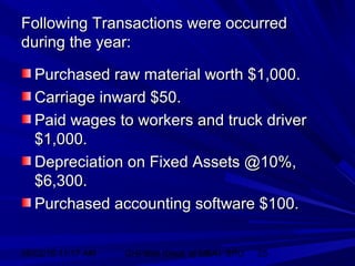 06/02/15 11:17 AM GHPIBM (Dept. of MBA), SPU 25
Following Transactions were occurredFollowing Transactions were occurred
during the year:during the year:
Purchased raw material worth $1,000.Purchased raw material worth $1,000.
Carriage inward $50.Carriage inward $50.
Paid wages to workers and truck driverPaid wages to workers and truck driver
$1,000.$1,000.
Depreciation on Fixed Assets @10%,Depreciation on Fixed Assets @10%,
$6,300.$6,300.
Purchased accounting software $100.Purchased accounting software $100.
 