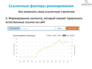 Как изменить свою ссылочную стратегию
Ссылочные факторы ранжирования
3. Формирование контента, который сможет привлекать
естественные ссылки на сайт
 