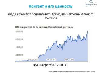 DMCA report 2012-2014
Контент и его ценность
Люди начинают подхватывать тренд ценности уникального
контента
https://www.google.com/webmasters/tools/dmca-notice?pli=1&&rd=1
 