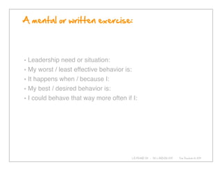 Leadership need or situation:
My worst / least effective behavior is:
It happens when / because I:
My best / desired behav...