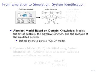 11/16
From Emulation to Simulation: System Identification
R1
m1
m2 m3
m4
m5
m6
m7
m1,1 . . . m1,k
h i
m5,1 . . . m5,k
h i
m6,1 . . . m6,k
h i
m2,1
.
.
.
m2,k








m3,1
.
.
.
m3,k








m7,1
.
.
.
m7,k








m4,1
.
.
.
m4,k








Emulated Network Abstract Model POMDP Model
hS, A, P, R, γ, O, Zi
a1 a2 a3 . . .
s1 s2 s3 . . .
o1 o2 o3 . . .
I Abstract Model Based on Domain Knowledge: Models
the set of controls, the objective function, and the features of
the emulated network.
I Defines the static parts a POMDP model.
I Dynamics Model (P, Z) Identified using System
Identification: Algorithm based on random walks and
maximum-likelihood estimation.
M(b0
|b, a) ,
n(b, a, b0)
P
j0 n(s, a, j0)
 