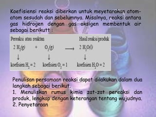 Koefisiensi reaksi diberkan untuk meyetarakan atom-
atom sesudah dan sebelumnya. Misalnya, reaksi antara
gas hidrogen dengan gas oksigen membentuk air
sebagai berikutt :
Penulisan persamaan reaksi dapat dilakukan dalam dua
langkah sebagai berikut.
1. Menuliskan rumus kimia zat-zat pereaksi dan
produk, lengkap dengan keterangan tentang wujudnya.
2. Penyetaraan
 