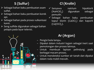  Sebagai bahan baku pembuatan asam
sulfat.
 Sebagai bahan baku pembuatan korek
api.
 Sebagai bahan pada proses vulkanisasi
karet.
 Seng sulfide digunakan sebagai bahan
pelapis pada layar televisi.
 Senyawa natrium hipoklorit
(NaHClO3) digunakan sebagai
pemutih.
 Sebagai bahan baku pembuatan
kapur klorin (CaOCl2) dan kaporit
(Ca(OCl)2).
− Pengisi bola lampu.
− Dipakai dalam industri logam sebagai inert saat
pemotongan dan proses lainnya.
− Untuk membuat lapisan pelindung pada
berbagai macam proses.
− Untuk mendeteksi sumber air tanah dan dipakai
dalam roda mobil mewah.
S (Sulfur) Cl (Krolin)
Ar (Argon)
 
