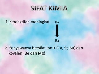 1.Kereaktifan meningkat
2. Senyawanya bersifat ionik (Ca, Sr, Ba) dan
kovalen (Be dan Mg)
Be
Ba
 