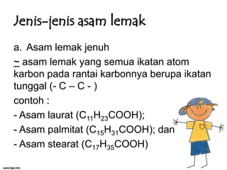Jenis-jenis asam lemak
a. Asam lemak jenuh
~ asam lemak yang semua ikatan atom
karbon pada rantai karbonnya berupa ikatan
tunggal (- C – C - )
contoh :
- Asam laurat (C11H23COOH);
- Asam palmitat (C15H31COOH); dan
- Asam stearat (C17H35COOH)

 