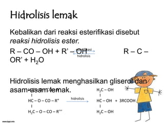 Hidrolisis lemak
Kebalikan dari reaksi esterifikasi disebut
reaksi hidrolisis ester.
esterifikasi
R – CO – OH + R’ – OH
R–C–
hidrolisis
OR’ + H2O
Hidrolisis lemak menghasilkan gliserol dan
H2C – O – lemak.
H2C – OH
asam-asamCO – R’
I
HC – O – CO – R”
I
H2C – O – CO – R’’’

hidrolisis

I
HC – OH + 3RCOOH
I
H2C – OH

 