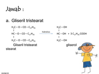Jawab :
a. Gliseril tristearat
H2C – O – CO – C17H35
I
HC – O – CO – C17H35
I
H2C – O – CO – C17H35

Gliseril tristearat
stearat

hidrolisis

H2C – OH
I
HC – OH + 3 C17H35 COOH
I
H2C – OH

gliserol

as.

 