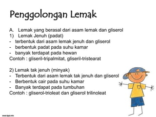 Penggolongan Lemak
A. Lemak yang berasal dari asam lemak dan gliserol
1) Lemak Jenuh (padat)
- terbentuk dari asam lemak jenuh dan gliserol
- berbentuk padat pada suhu kamar
- banyak terdapat pada hewan
Contoh : gliseril-tripalmitat, gliseril-tristearat
2) Lemak tak jenuh (minyak)
- Terbentuk dari asam lemak tak jenuh dan gliserol
- Berbentuk cair pada suhu kamar
- Banyak terdapat pada tumbuhan
Contoh : gliserol-trioleat dan gliserol trilinoleat

 