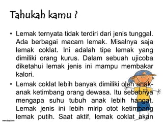Tahukah kamu ?
• Lemak ternyata tidak terdiri dari jenis tunggal.
Ada berbagai macam lemak. Misalnya saja
lemak coklat. Ini adalah tipe lemak yang
dimiliki orang kurus. Dalam sebuah ujicoba
diketahui lemak jenis ini mampu membakar
kalori.
• Lemak coklat lebih banyak dimiliki oleh anakanak ketimbang orang dewasa. Itu sebabnya
mengapa suhu tubuh anak lebih hangat.
Lemak jenis ini lebih mirip otot ketimbang
lemak putih. Saat aktif, lemak coklat akan

 