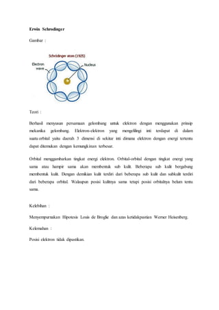 Erwin Schrodinger 
Gambar : 
Teori : 
Berhasil menyusun persamaan gelombang untuk elektron dengan menggunakan prinsip 
mekanika gelombang. Elektron-elektron yang mengelilingi inti terdapat di dalam 
suatu orbital yaitu daerah 3 dimensi di sekitar inti dimana elektron dengan energi tertentu 
dapat ditemukan dengan kemungkinan terbesar. 
Orbital menggambarkan tingkat energi elektron. Orbital-orbital dengan tingkat energi yang 
sama atau hampir sama akan membentuk sub kulit. Beberapa sub kulit bergabung 
membentuk kulit. Dengan demikian kulit terdiri dari beberapa sub kulit dan subkulit terdiri 
dari beberapa orbital. Walaupun posisi kulitnya sama tetapi posisi orbitalnya belum tentu 
sama. 
Kelebihan : 
Menyempurnakan Hipotesis Louis de Broglie dan azas ketidakpastian Werner Heisenberg. 
Kelemahan : 
Posisi elektron tidak dipastikan. 
 