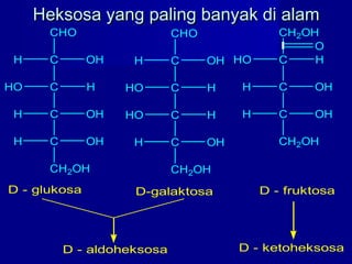 Heksosa yang paling banyak di alamHeksosa yang paling banyak di alam
CHO
CH OH
CHO H
CH OH
CH OH
CH2OH
CHO
CH OH
CHO H
CHO H
CH OH
CH2OH
CH2OH
CHO H
CH OH
CH OH
CH2OH
O
D - glukosa D-galaktosa D - fruktosa
D - aldoheksosa D - ketoheksosa
 