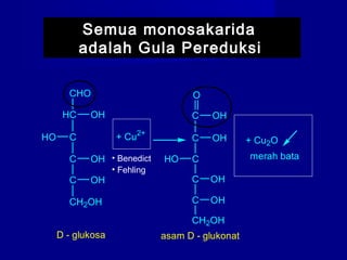 HC
CHO
OH
CHO
C OH
C OH
CH2OH
+ Cu2+
C
O
OH
C OH
CHO
C OH
C OH
CH2OH
+ Cu2O
merah bata
D - glukosa asam D - glukonat
Semua monosakarida
adalah Gula Pereduksi
• Benedict
• Fehling
 