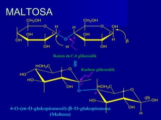 MALTOSAMALTOSA
O
OH
H
O
OH
OH
CH2OH
*
H O OH
H
OH
OH
CH2OH
*1'
4
α
β
Ikatan α-1',4 glikosidik
HO
O
HO
O
OH
HOH2C
O
HO
H
OH
HOH2C
OH
1'
4
Karbon glikosidik
(β)
4-O-(α−D-glukopiranosil)-β−D-glukopiranosa
(Maltosa)
 