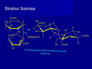OH O
OH
OH
CH2OH
* 1'
konfigurasi β
α−D-glukopiranosil-β−D-fruktofuranosida
(Sukrosa)
H
H
O
HO
OH
HOH2C
CH2OH
H
CH2OHO
1'
2
HO
O
OH
OH
CH2OH
CH2OH
O
O
α
(β)
H
OH
OH
H
2
Struktur Sukrosa
 