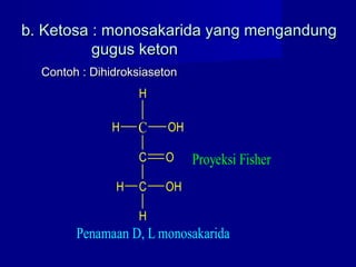 b. Ketosa : monosakarida yang mengandungb. Ketosa : monosakarida yang mengandung
gugus ketongugus keton
Contoh : DihidroksiasetonContoh : Dihidroksiaseton
C
H
H OH
C
C
O
H OH
H
Proyeksi Fisher
Penamaan D, L monosakarida
 