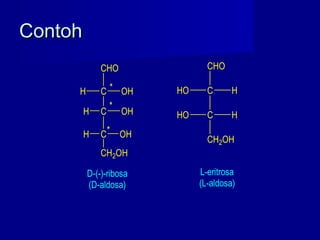 ContohContoh
C
CHO
H OH
C
C
CH2OH
H OH
OHH
*
*
*
D-(-)-ribosa
(D-aldosa)
C
C
CHO
HO H
HHO
CH2OH
L-eritrosa
(L-aldosa)
 