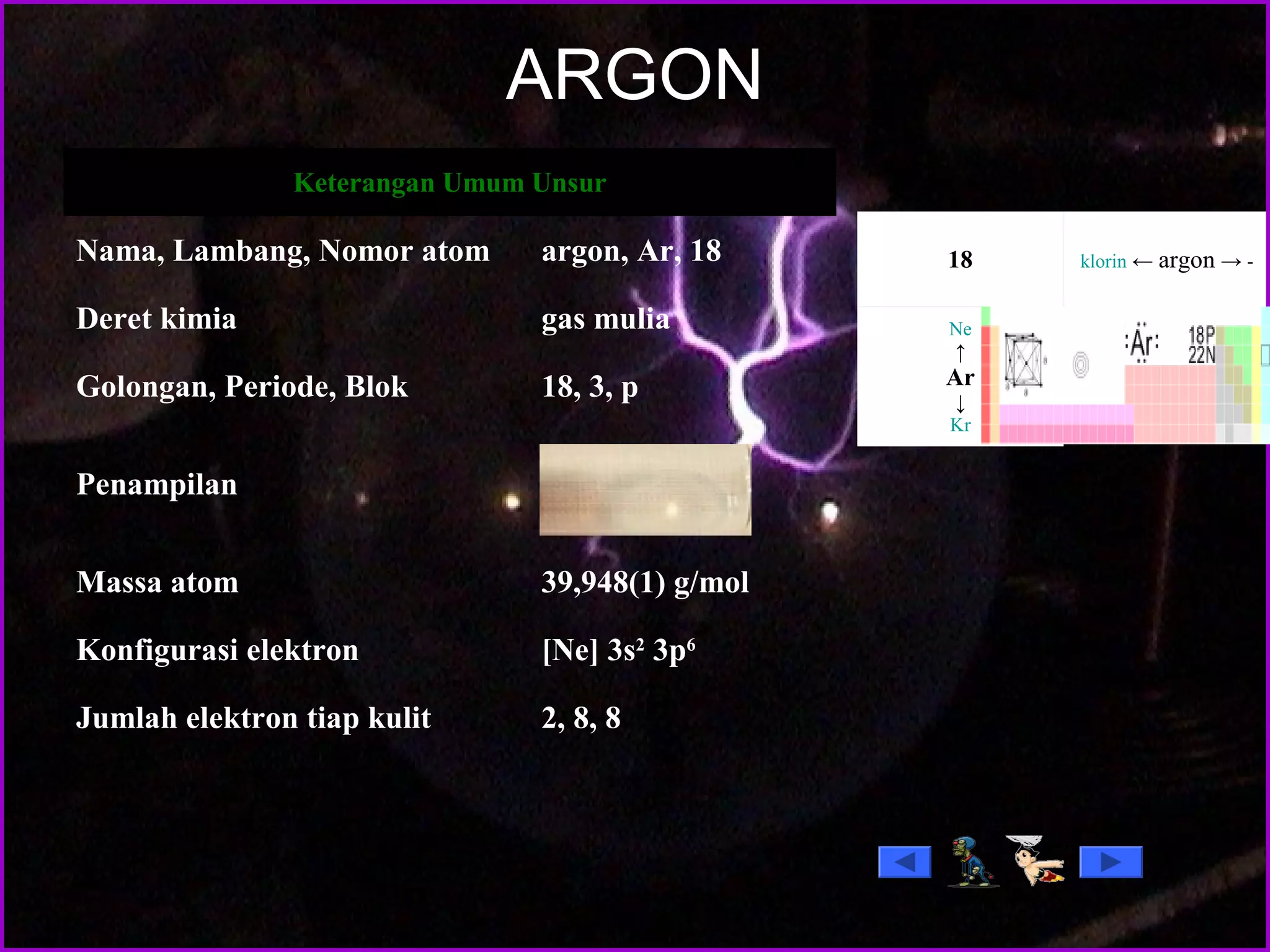 ARGON
Keterangan Umum Unsur
Nama, Lambang, Nomor atom argon, Ar, 18
Deret kimia gas mulia
Golongan, Periode, Blok 18, 3, p
Penampilan
Massa atom 39,948(1) g/mol
Konfigurasi elektron [Ne] 3s2
3p6
Jumlah elektron tiap kulit 2, 8, 8
Ne
↑
Ar
↓
Kr
klorin ← argon → -18
 