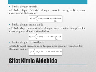 Sifat Kimia Aldehida
• Reaksi dengan amonia
Aldehida dapat bereaksi dengan amonia menghasilkan suatu
senyawa aldehida amonia.
• Reaksi dengan asam sianida
Aldehida dapat bereaksi adisi dengan asam sianida meng-hasilkan
suatu senyawa aldehida sianohidrin.
• Reaksi dengan hidroksilamin
Aldehida dapat bereaksi adisi dengan hidroksilamin menghasilkan
aldoksim dan air.
 