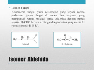 Butanal
• Isomer Fungsi
Keisomeran fungsi, yaitu keisomeran yang terjadi karena
perbedaan gugus fungsi di antara dua senyawa yang
mempunyai rumus molekul sama. Aldehida dengan rumus
struktur R-CHO berisomer fungsi dengan keton yang memiliki
rumus struktur R-O-R`.
2–Butanon
Isomer Aldehida
 