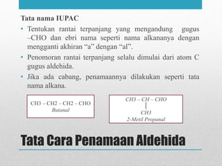 Tata Cara Penamaan Aldehida
Tata nama IUPAC
• Tentukan rantai terpanjang yang mengandung gugus
–CHO dan ebri nama seperti nama alkananya dengan
mengganti akhiran “a” dengan “al”.
• Penomoran rantai terpanjang selalu dimulai dari atom C
gugus aldehida.
• Jika ada cabang, penamaannya dilakukan seperti tata
nama alkana.
CH3 – CH2 – CH2 – CHO
Butanal
CH3 – CH – CHO
CH3
2-Metil Propanal
 