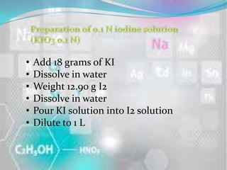 •   Add 18 grams of KI
•   Dissolve in water
•   Weight 12.90 g I2
•   Dissolve in water
•   Pour KI solution into I2 solution
•   Dilute to 1 L
 
