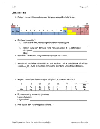 BAB 4                                                                                               Tingkatan 4


Latihan kendiri

    1. Rajah 1 menunjukkan sebahagian daripada Jadual Berkala Unsur.


1                                                                                                               18
        2                                                           13        14     15        16     17
                                                                                               O            Ne
Na Mg       3     4    5    6     7    8    9       10   11    12   Al                                Cl    Ar



    a. Berdasarkan rajah 1:
         I.  Namakan satu unsur yang merupakan bukan logam.
             ___________________________________________________________
        II. Dalam kumpulan dan kala yang manakah unsur di 1(a)(i) terletak?
             Kumpulan: _________________________________________________
             Kala: ______________________________________________________
    b. Namakan satu unsur yang wujud sebagai gas monoatom.
       ________________________________________________________________

    c. Aluminium bertindak balas dengan gas oksigen untuk membentuk aluminium
       oksida, Al 2 O3 . Tulis persamaan kimia yang seimbang untuk tindak balas ini.

        ________________________________________________________________



    2. Rajah 2 menunjukkan sebahagian daripada Jadual Berkala Unsur.
                                                                                                           18
            1           2         13         14           15             16            17
                                                                                                           He
            Li        Be          B          C            N              O                F                Ne
            Na        Mg          Al         Si           P              S                Cl               Ar

    a. Kumpulan yang mana mengandungi
       Logam halogen:___________________________________________________
       Logam alkali: _____________________________________________________

    b. Pilih logam dan bukan logam dari kala 3?

        ________________________________________________________________




Cikgu Marzuqi BSc (hons) Edu Math (Chemistry) USM                                  Acceleration Chemistry
 