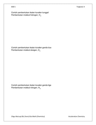 BAB 5                                                     Tingkatan 4


Contoh pembentukan ikatan kovalen tunggal
Pembentukan molekul hidrogen, H 2




Contoh pembentukan ikatan kovalen ganda dua
Pembentukan molekul oksigen, O 2




Contoh pembentukan ikatan kovalen ganda tiga
Pembentukan molekul nitrogen, N 2




Cikgu Marzuqi BSc (hons) Edu Math (Chemistry)   Acceleration Chemistry
 